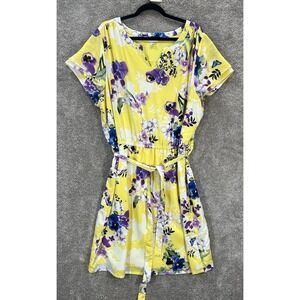 CJ Banks Dress Womens 2X Midi Yellow Floral Elastic Waist Tie Belt Short Sleeve